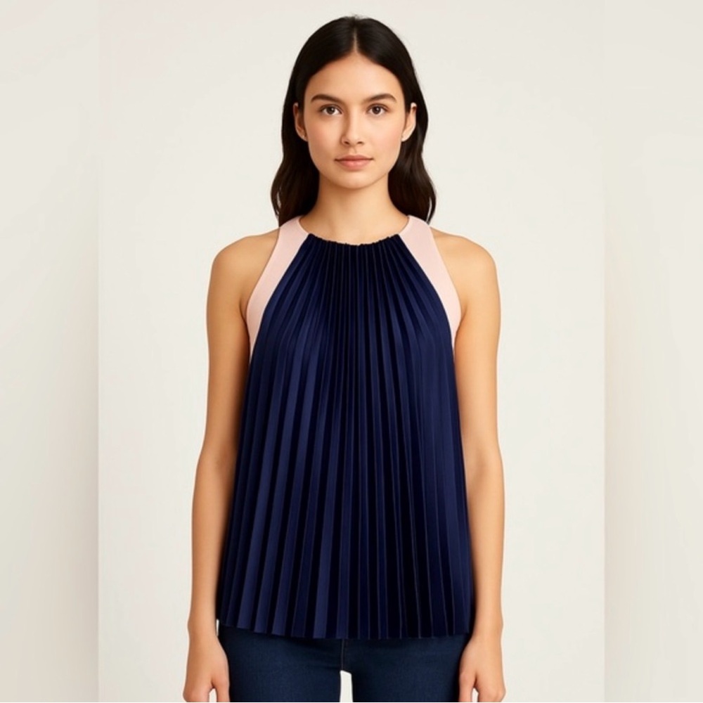 Gracia Navy Blush Colorblock Pleated Sleeveless Top Size Small